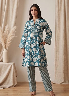 Blue Printed Cotton Kurta Set