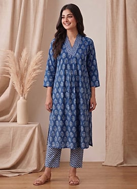 Blue Printed Cotton Kurta Set