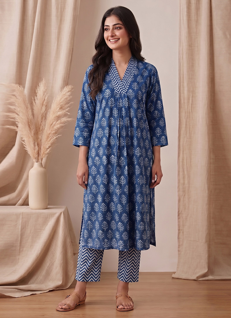 Blue Printed Cotton Kurta Set After Six Wear