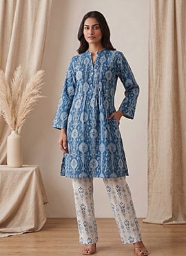 Blue Printed Cotton Kurta Set