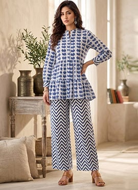 Blue Printed Cotton Peplum Top Palazzo Set