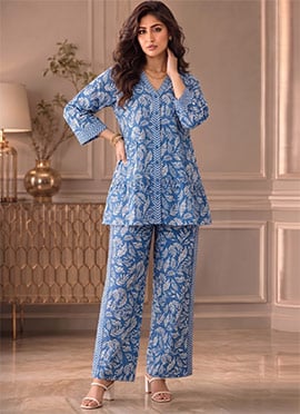Blue Printed Cotton Peplum Top Palazzo Set