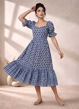 Blue Printed Cotton Puff Sleeve Dress After Six Wear
