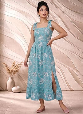 Blue Printed Cotton Tie Strap Dress