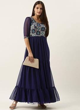 Blue Printed Rayon With Georgette Gathers Dress