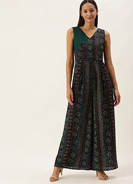 Blue Printed Viscose Angrakha Style Jumpsuit
