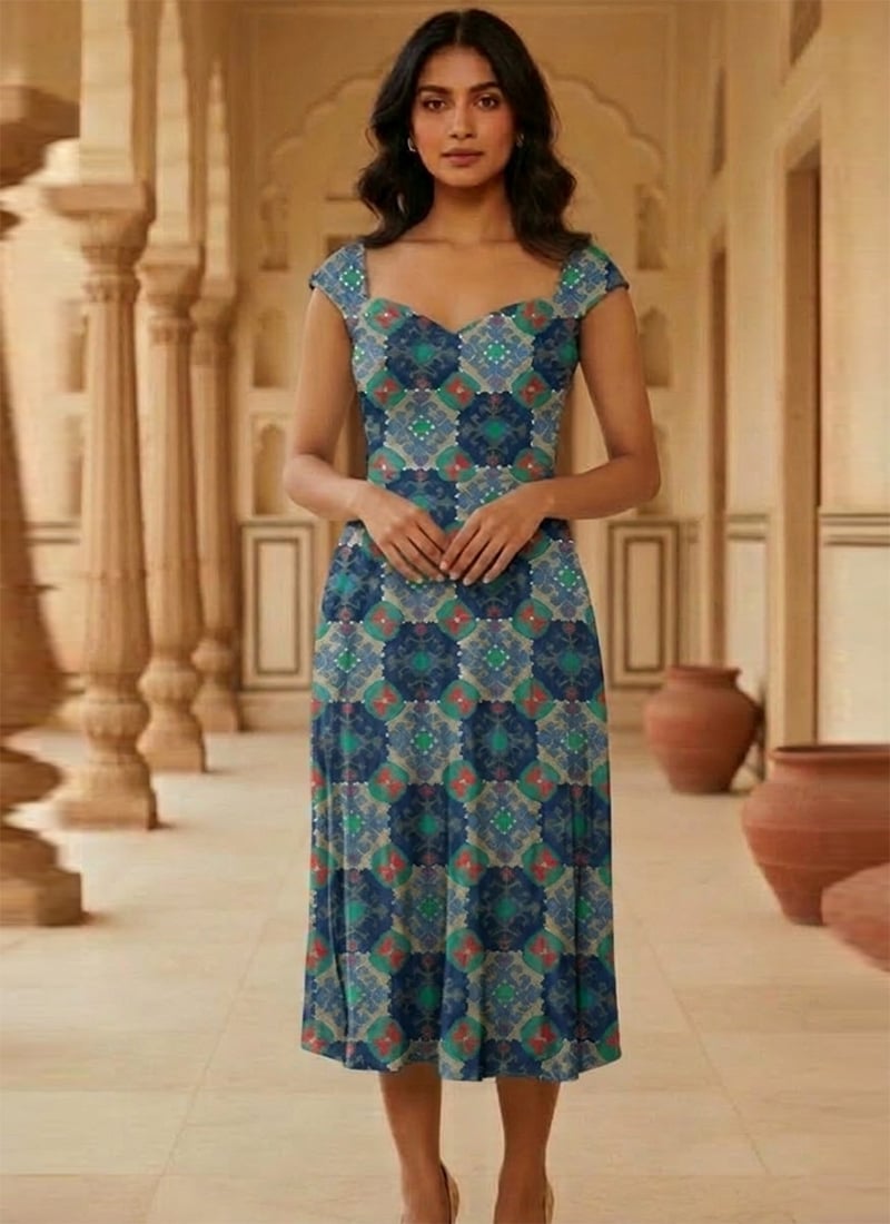 Blue Printed Viscose Fit And Flare Midi Dress  After Six Wear