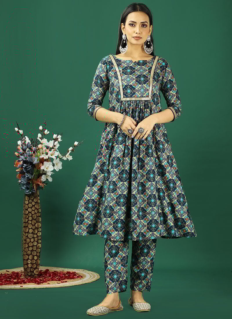 Teen Girls Blue Printed Viscose Kurta Straight Pant Set Festive Wear