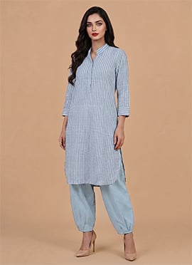 Blue Rayon Cotton Printed Kurta Set