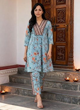 Blue Rayon Digital Print Indowestern Co ord Sets