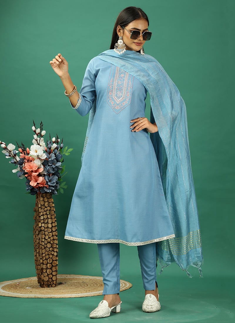 Teen Girls Blue Rayon Embroidered Narrow Straight Pant Suit Festive Wear