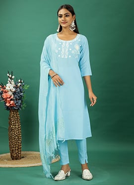 Blue Rayon Embroidered Narrow Straight Pant Suit