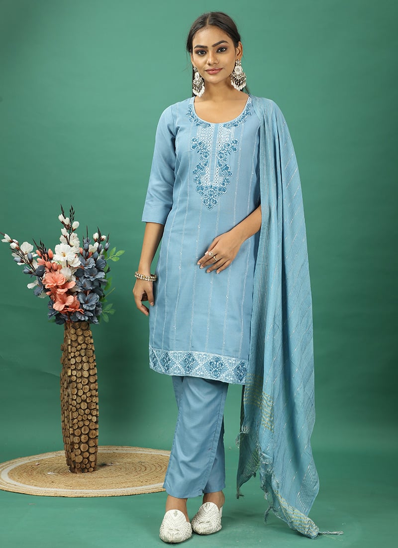 Blue Rayon Embroidered Straight Pant Suit Festive Wear