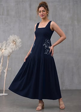 Blue Rayon Embroidered Tiered Dress