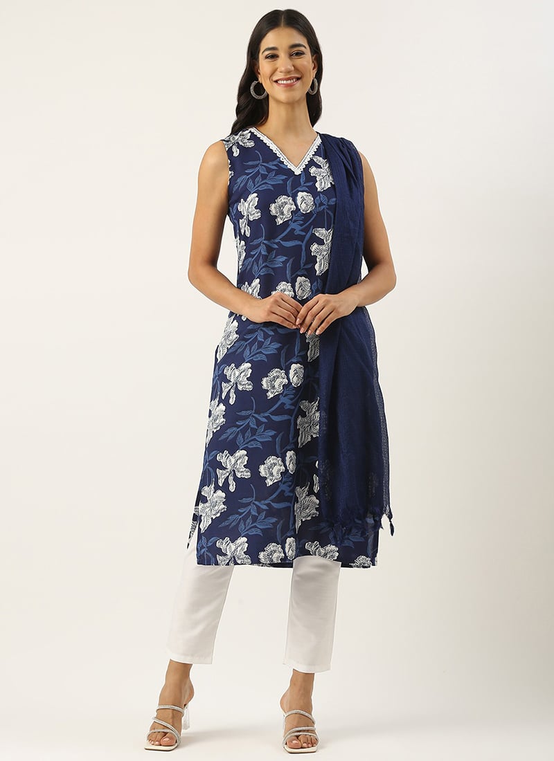 Teen Girls Blue Rayon Mill Printed Straight Pant Suit