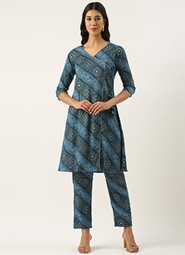 Blue Rayon Printed Kurta Straight Pant Set