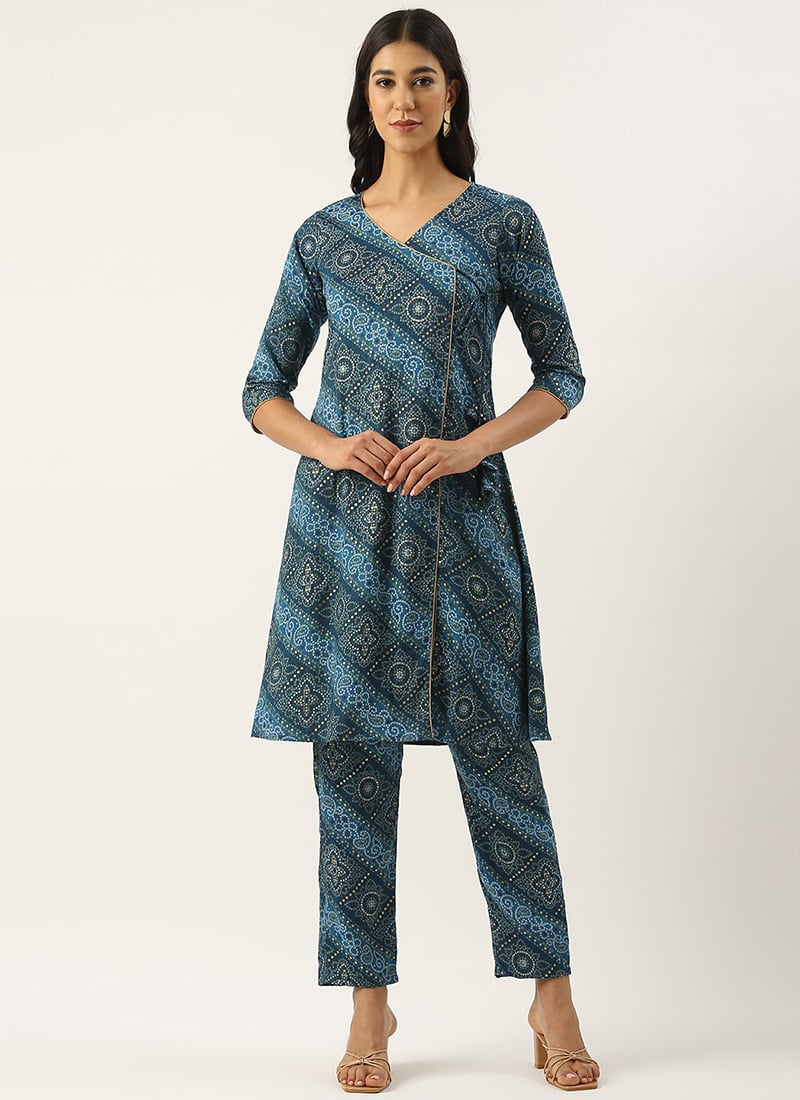 Teen Girls Blue Rayon Printed Kurta Straight Pant Set Festive Wear