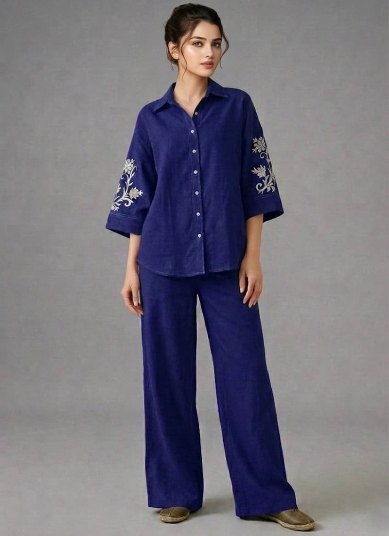 Blue Regal Fern Linen Cotton Co Ord Set After Six Wear