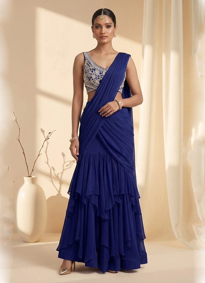 Blue Ruffle Lehenga Saree with Bead Embroidered Saree After Six Wear