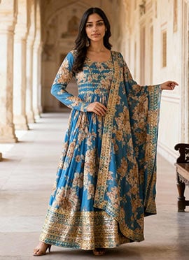 Blue Russian Silk Floral Digital Print With Embroidered Sequins Anarkali Suit Festive Wear