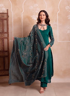 Blue Satin Embroidered Anarkali Suit