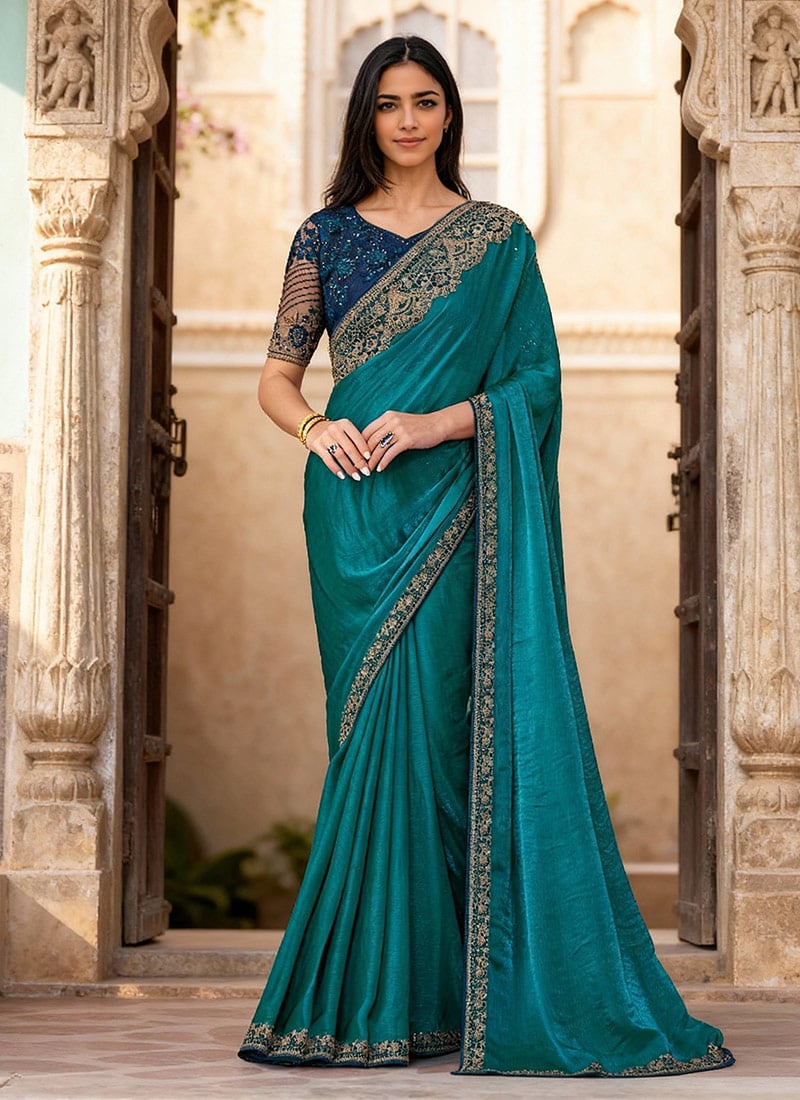 Blue Satin Embroidered Sequins Cut Work Saree Festive Wear
