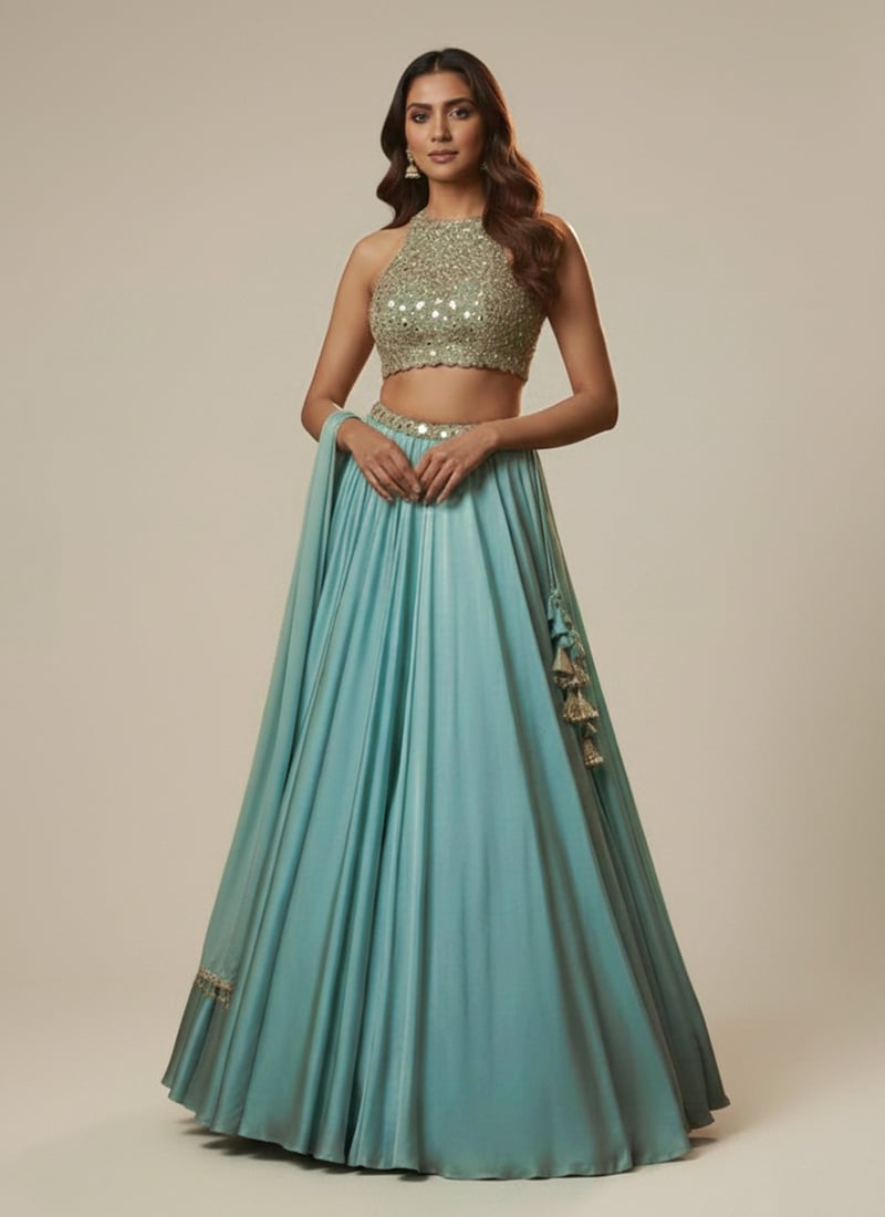 Blue Satin Mirror Work Hand Embroidered Umbrella Lehenga Wedding Wear