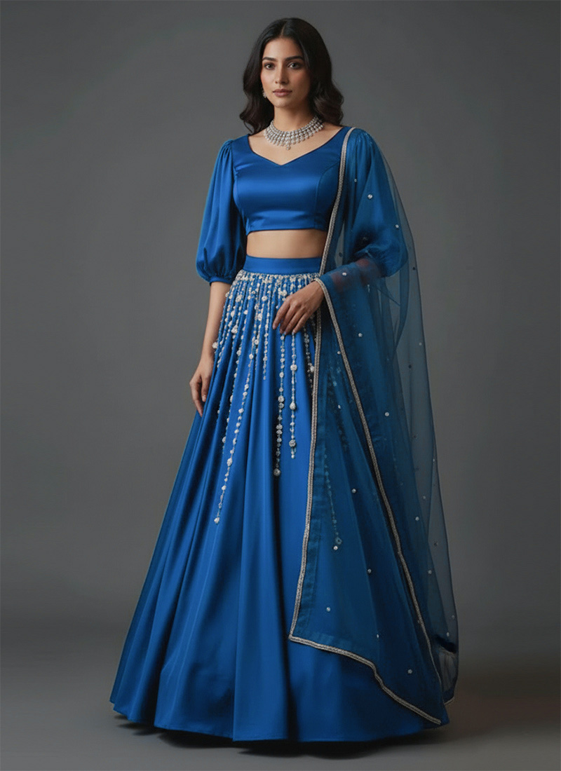 Blue Satin Silk Beads And Stones Hand Embroidered Lehenga Set Wedding Wear