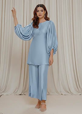 Blue Satin Silk IndoWestern Co Ord Set With Balloon Sleeve