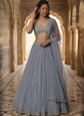 Blue Sequins And Stone Work Net Lehenga
