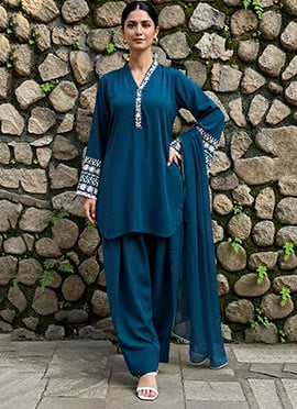 Blue Silk Beads Stones Hand Embroidered Farshi Style Salwar Suit