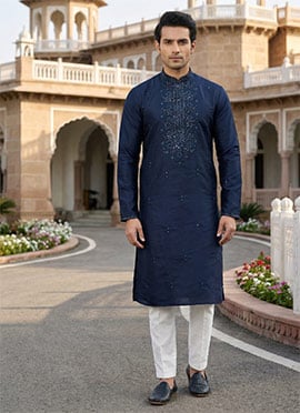 Blue Silk Embroidered  Kurta Pyjama