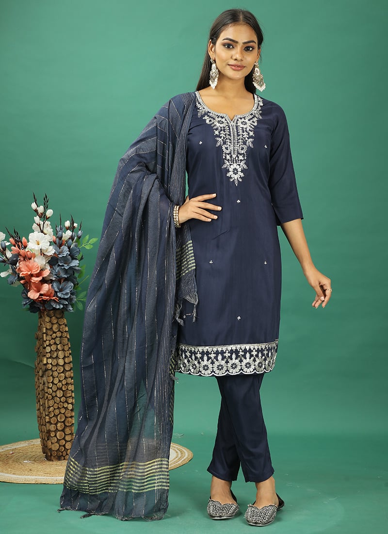 Teen Girls Blue Silk Embroidered Narrow Straight Pant Suit Festive Wear