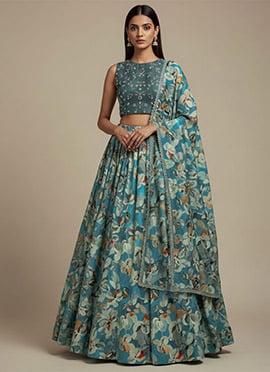 Blue Silk Hand Embroidered Digital Print Lehenga Set