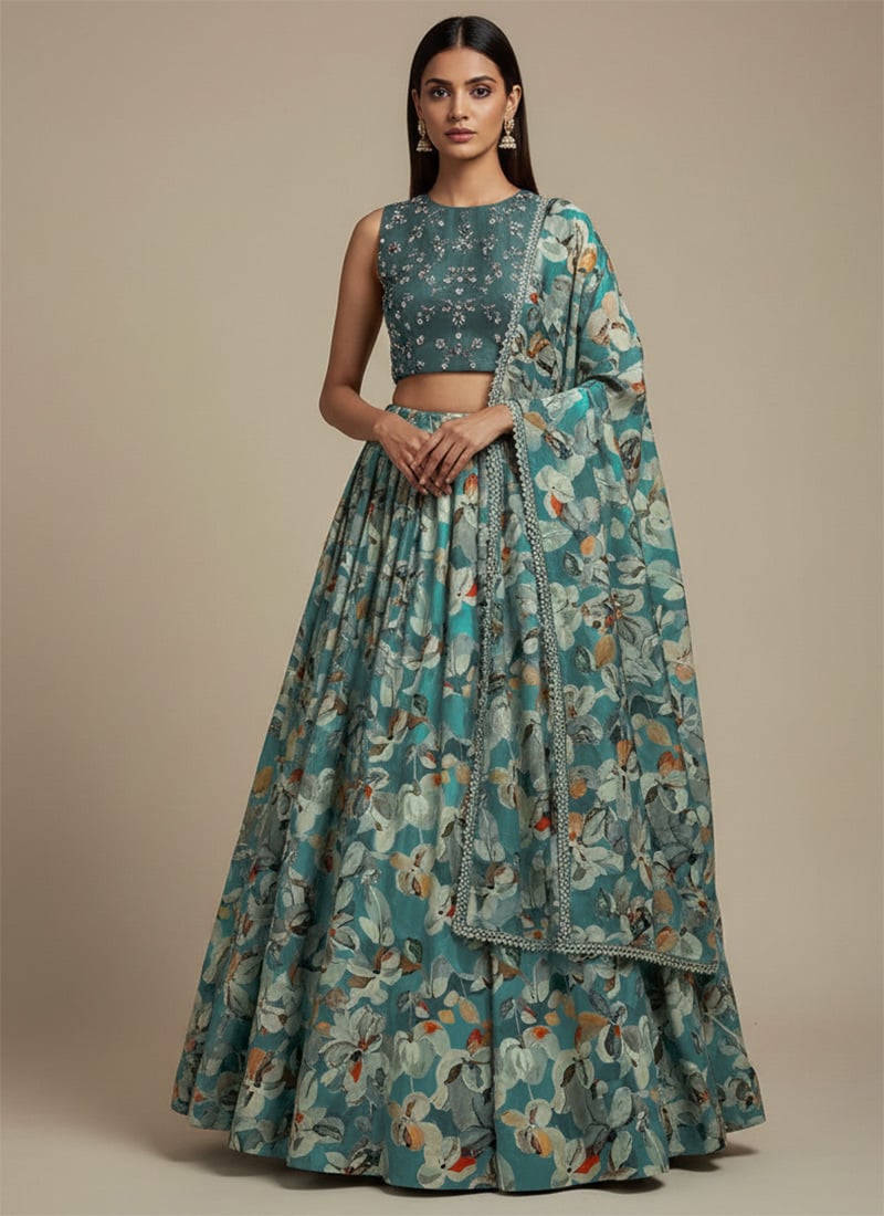 Blue Silk Hand Embroidered Digital Print Lehenga Set Wedding Wear