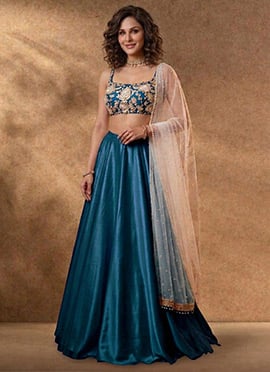 Blue Silk Lehenga Set With Hand Embroidered Sequins And Mirror Work