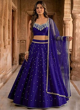 Blue Silk Moti Hand Embroidered Lehenga