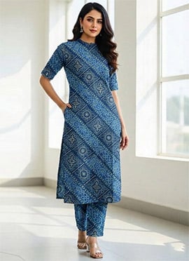 Blue Silk Printed Kurta Set