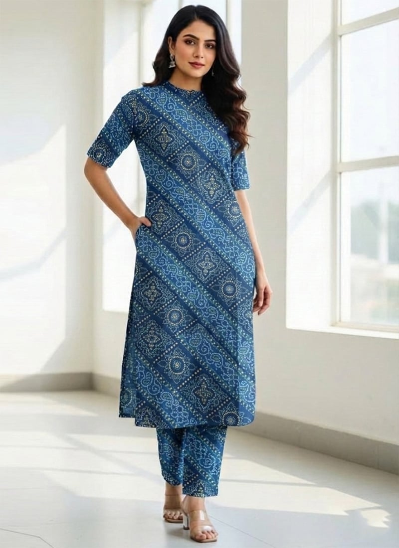 Blue Silk Printed Kurta Set After Six Wear
