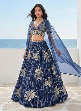 Blue Silk Sequins Umbrella Lehenga Wedding Wear