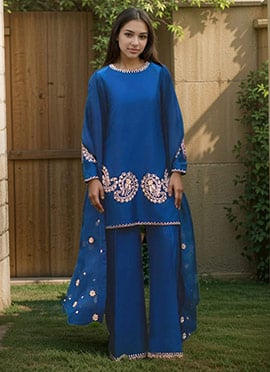 Blue Silk Sequins With Beads Hand Embroidered Palazzo Suit