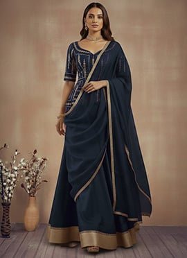 Blue Silk Sequins Zari Umbrella Lehenga