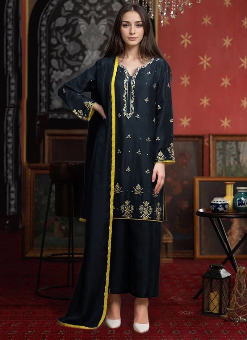 Blue Silk Zardosi Cut Hand Embroidered Straight Pant Suit Festive Wear