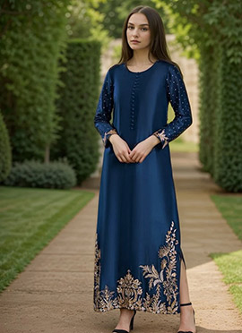Blue Silk Zardosi Hand Embroidered Straight Pant Suit