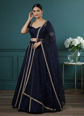 Blue Silk Zari Beads Sequins Hand Embroidered Umbrella Lehenga