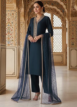 Blue Silk Zari Hand Embroidered Sequins Straight Pant Suit