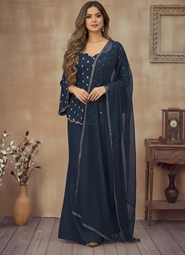 Blue Silk Zari Sequins Graceful Palazzo Ensemble
