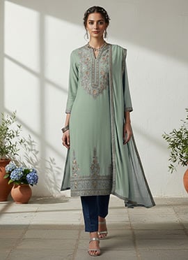 Blue Silk Zari Sequins Straight Pant Suit