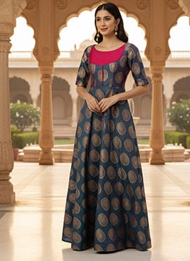 Teen Girls Blue Taffeta Jacquard Half Circular Dress