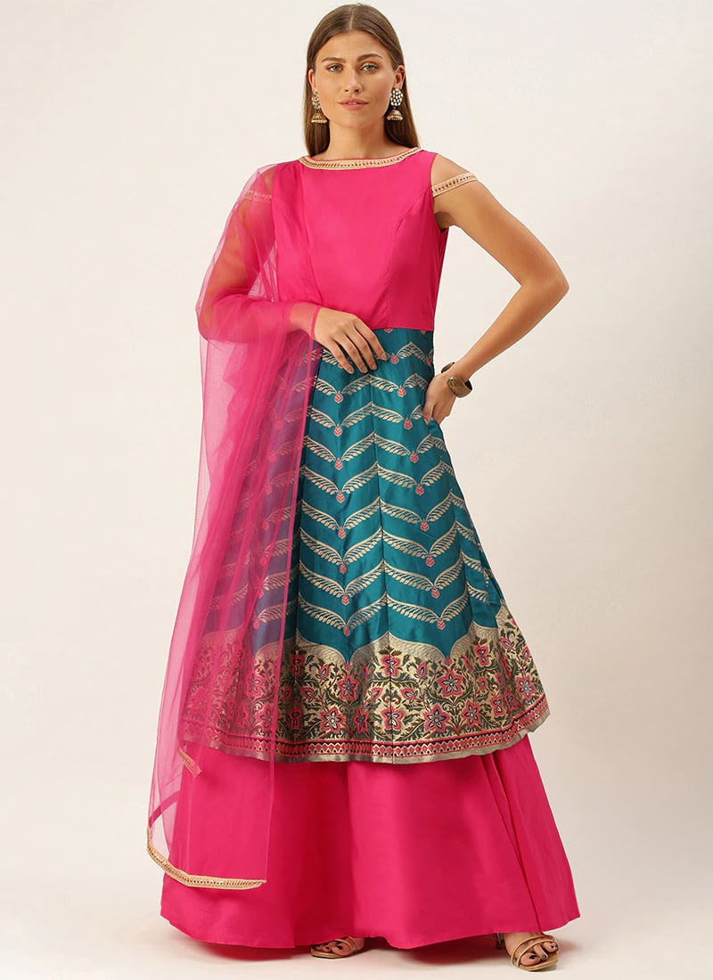 Blue Taffeta Jacquard Long Choli Lehenga